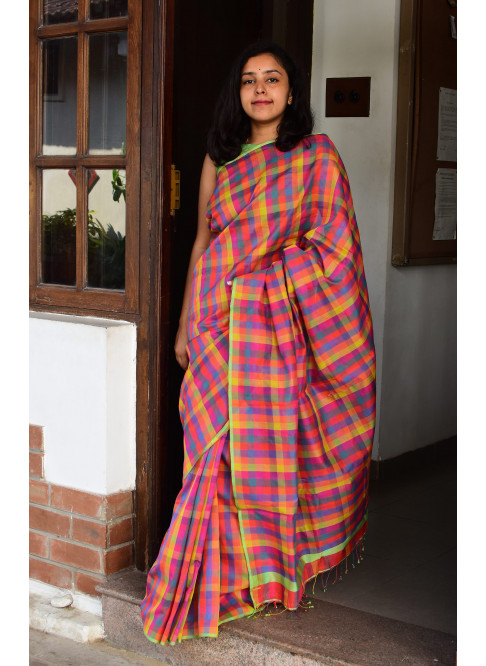 Multicolour, Handwoven Organic Cotton, Textured Weave , Jacquard, Work Wear, Checked Saree